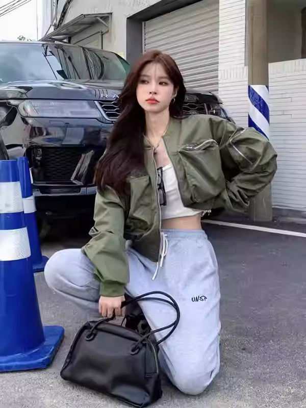 Casual Black Workwear-style Baseball Jacket Short Coat