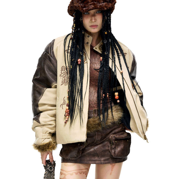 Totem-inspired Leather-and-cotton Patchwork Jacket
