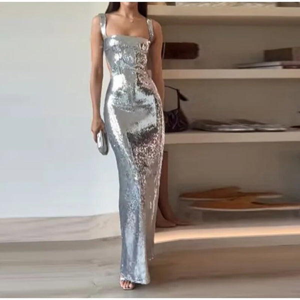 Woman Fashion French High Feeling Silver Sequins Halter Sheath Dress Light Luxury Dinner Year Sexy Long Dresses