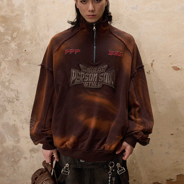 Embroidered Tie-Dye Textured Stand-Up Collar Sweatshirt