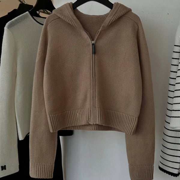 Wool Alpaca Fleecefiber Blended Hooded Zipper Knitted Cardigan Jacket