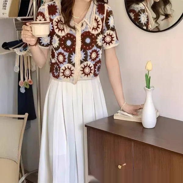 Hollow Out Embroidered Flattering Womens Top Short Sleeve Knit Sweater