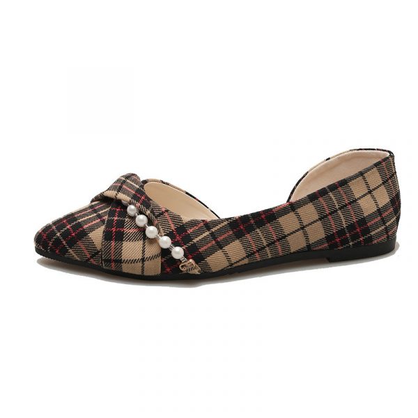 7c6232c3-fb69-4101-93ae-d8852fd1f712.jpg New Vintage Scoop Pointed Beaded Knot Plaid Low Heel Shoes