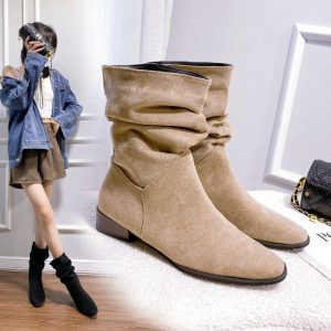 Pointed Toe Retro Middle Boots Simple Thick Heel Below The Knee