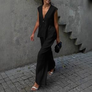 Womens Cotton V-Neck Sleeveless Vest And Wide-Leg Pants Set