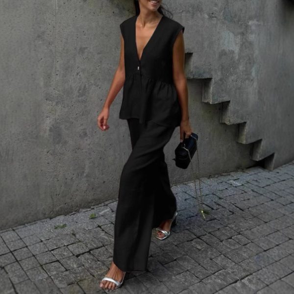 13b67457-be87-4181-bc58-edacad80666b.jpg Womens Cotton V-Neck Sleeveless Vest And Wide-Leg Pants Set