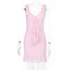Elegant V-neck Plunging Neckline Ruffled Hemline Open-back Jacquard Lace Slip Dress