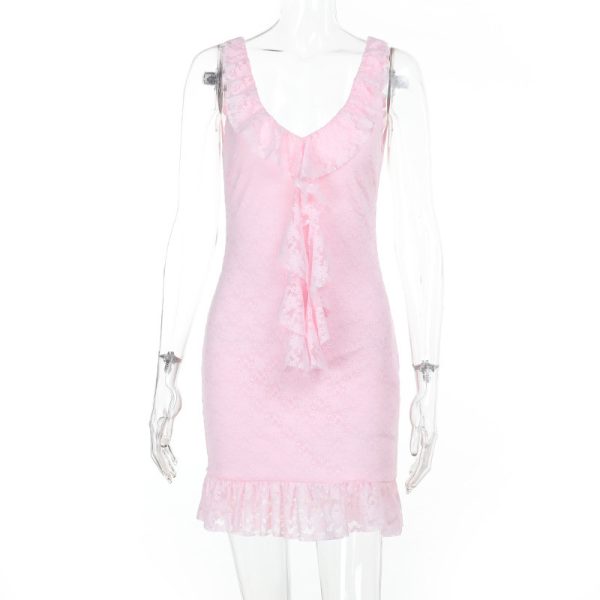 Elegant V-neck Plunging Neckline Ruffled Hemline Open-back Jacquard Lace Slip Dress