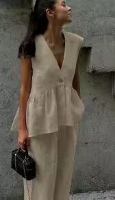 5e9f95fe-c612-45e8-995e-f038afd74a39.jpg Womens Cotton V-Neck Sleeveless Vest And Wide-Leg Pants Set