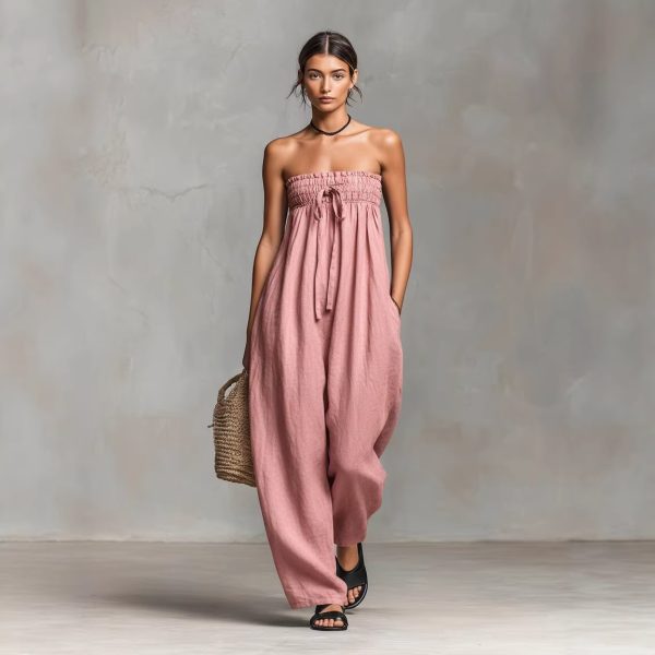 Womens Lace-up Tube Top Strapless Ruched Jumpsuit