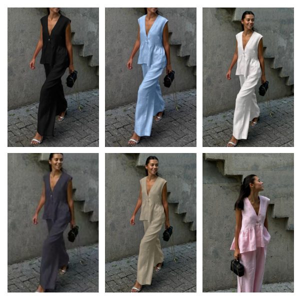 8a860349-3cd9-4d59-abf3-215b8638fda9.jpg Womens Cotton V-Neck Sleeveless Vest And Wide-Leg Pants Set