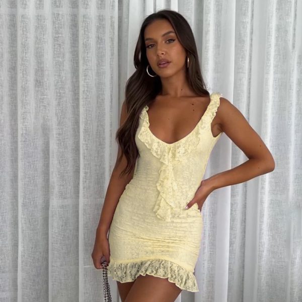 Elegant V-neck Plunging Neckline Ruffled Hemline Open-back Jacquard Lace Slip Dress