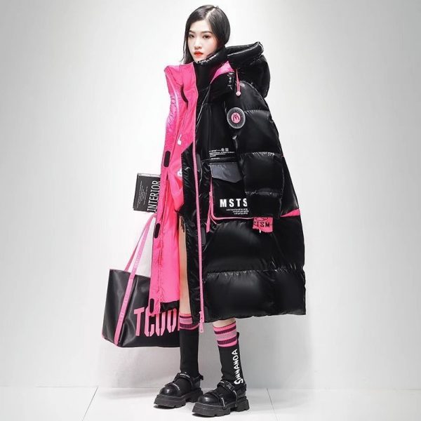 Womens Winter Loose Western-Style Over-the-Knee Long Thermal Patchwork Down Jacket