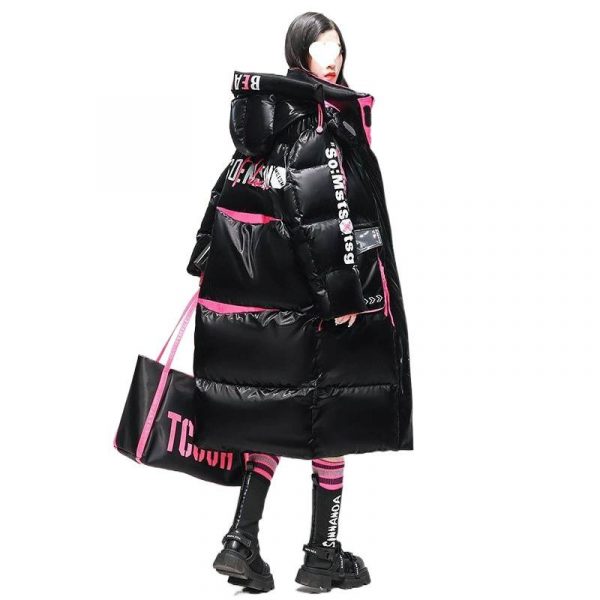 Womens Winter Loose Western-Style Over-the-Knee Long Thermal Patchwork Down Jacket