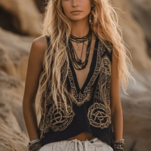 Plant And Floral Print V-neck Ethnic Tribal Vest Top