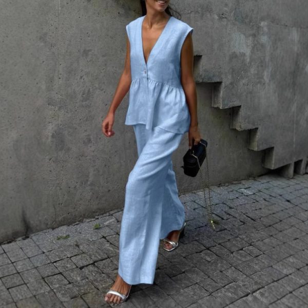 c305d8cd-f2fc-419d-8f76-848dcf9e1235.jpg Womens Cotton V-Neck Sleeveless Vest And Wide-Leg Pants Set