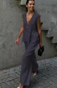 f5fd5562-51f7-442c-aecb-08581cd23091.jpg Womens Cotton V-Neck Sleeveless Vest And Wide-Leg Pants Set
